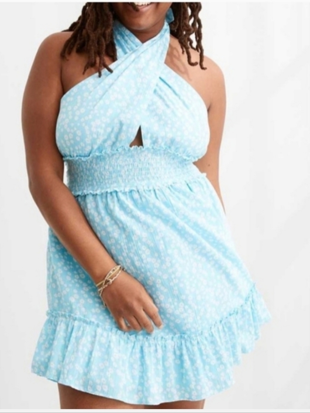 aerie Light Blue Floral Smocked Halter Backless Mini Dress